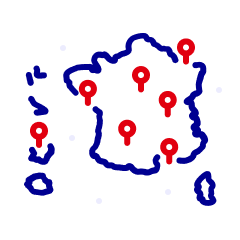 Pictogramme de la France hexagonale et des outre-mers avec des épingles.